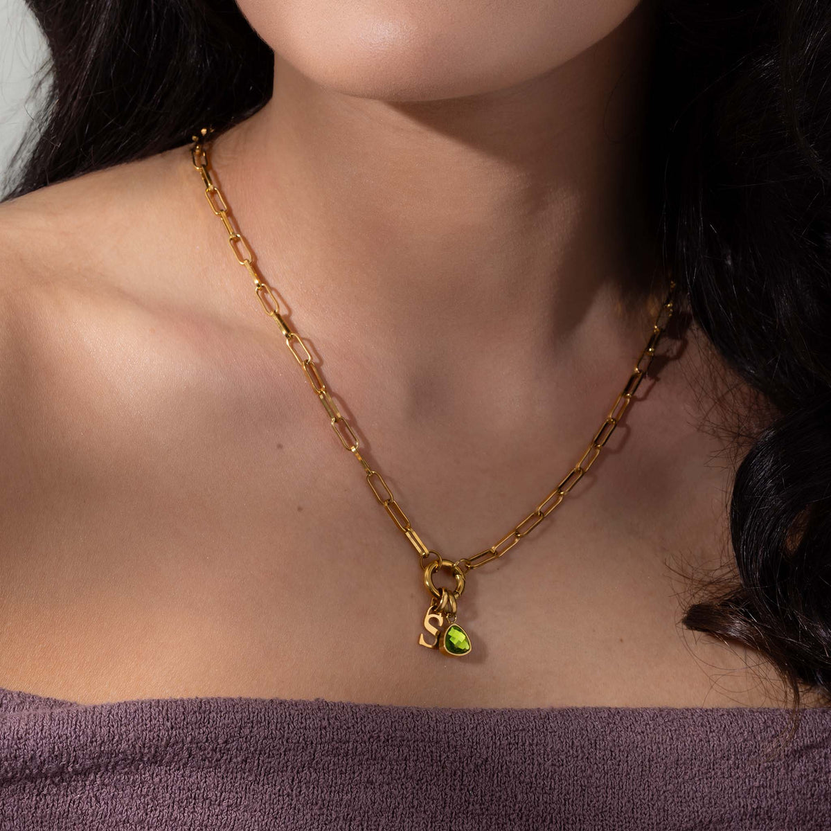 Letter & birthstone link chain gold