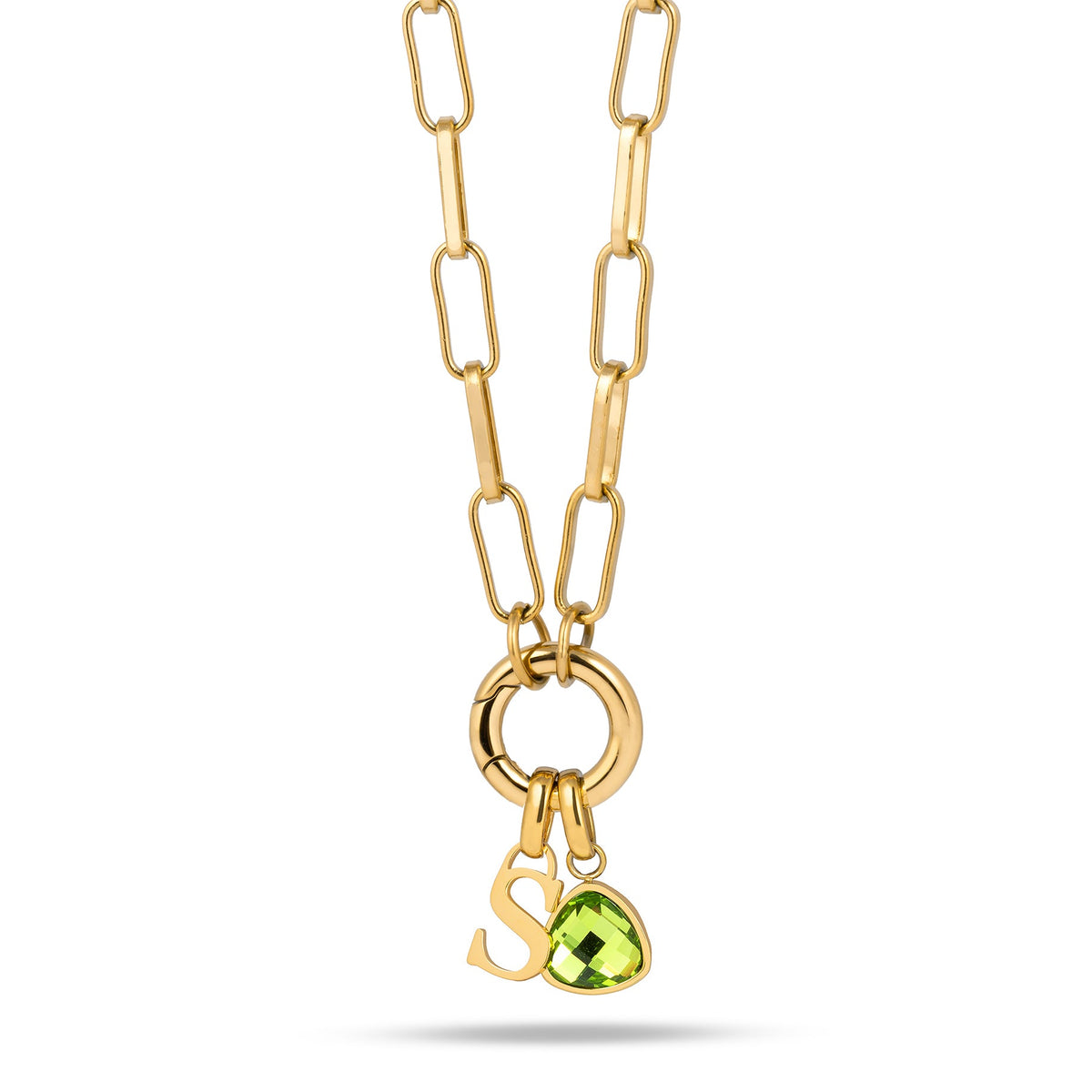 Letter & birthstone link chain gold