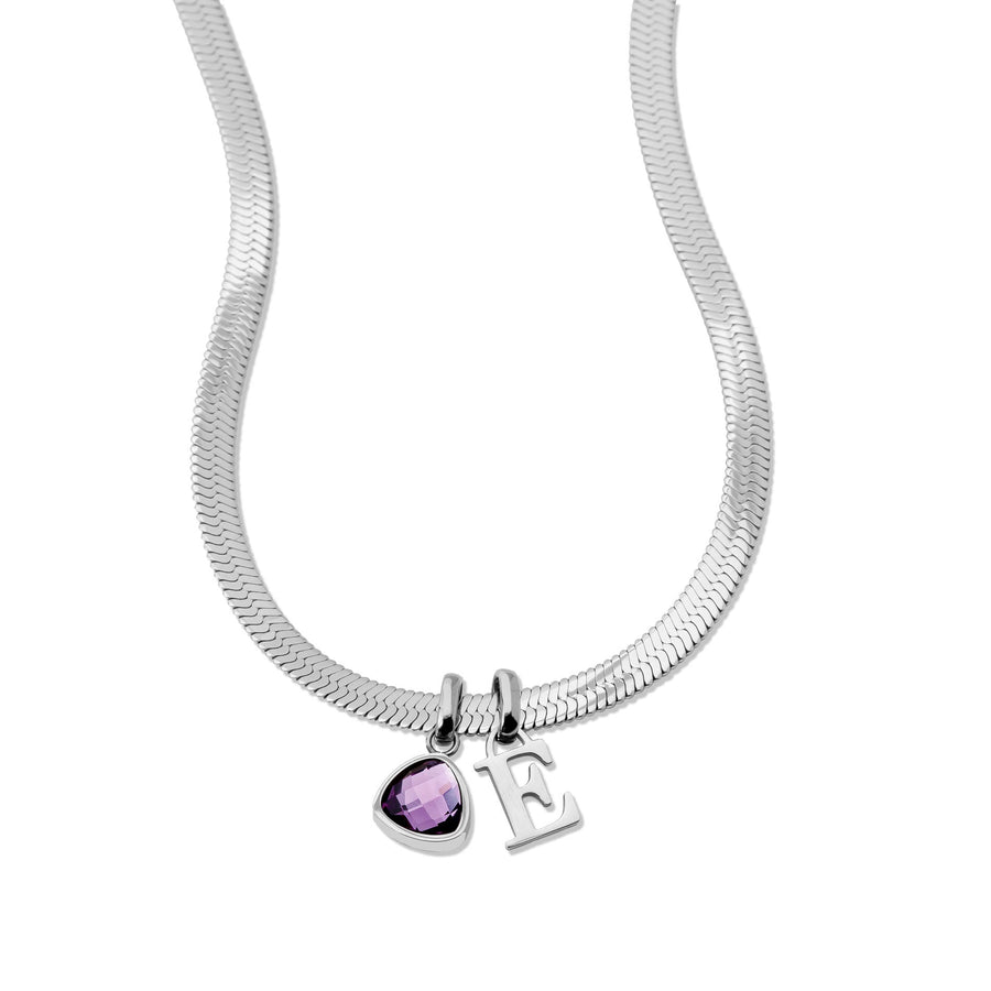 Letter & birthstone snake necklace silver